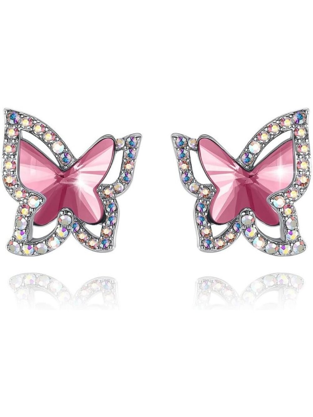 Butterfly Birthstone Crystal Stud Earrings for Women - Silver Tone Jewelry Gift